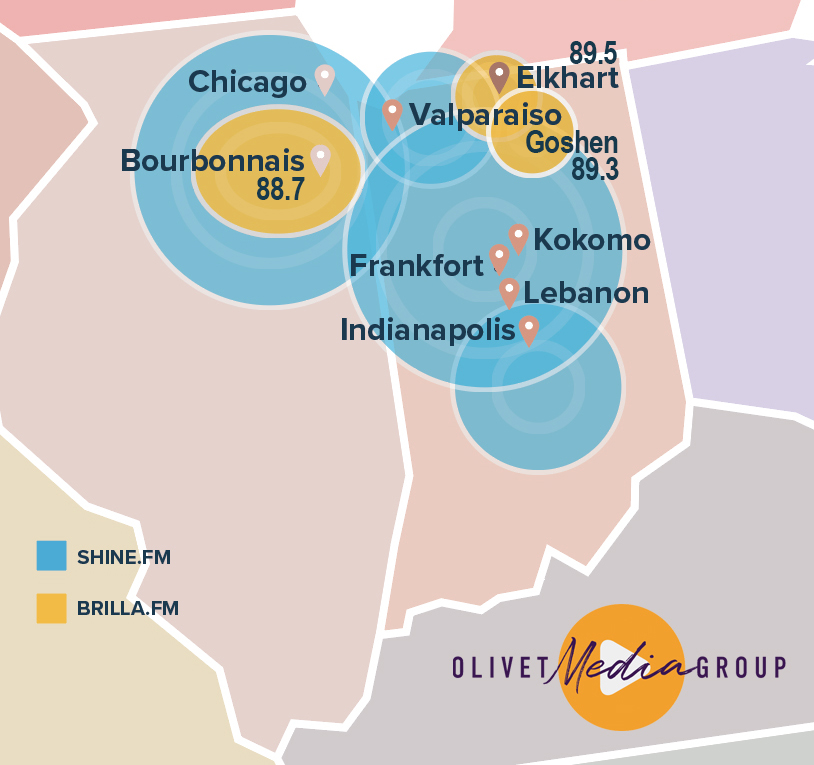 Mapa de cobertura de radio Brilla.fm - Illinois e Indiana